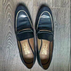 Salvatore Ferragamo Women’s Slate Blue and Gold Loafers